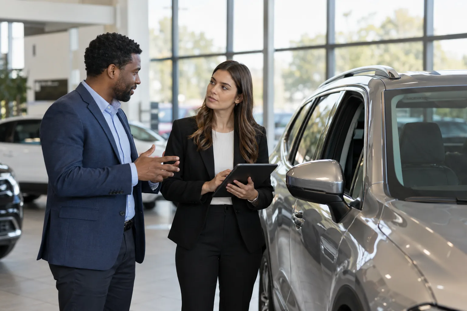 Two dealership colleagues review a customer conversation beside a vehicle
