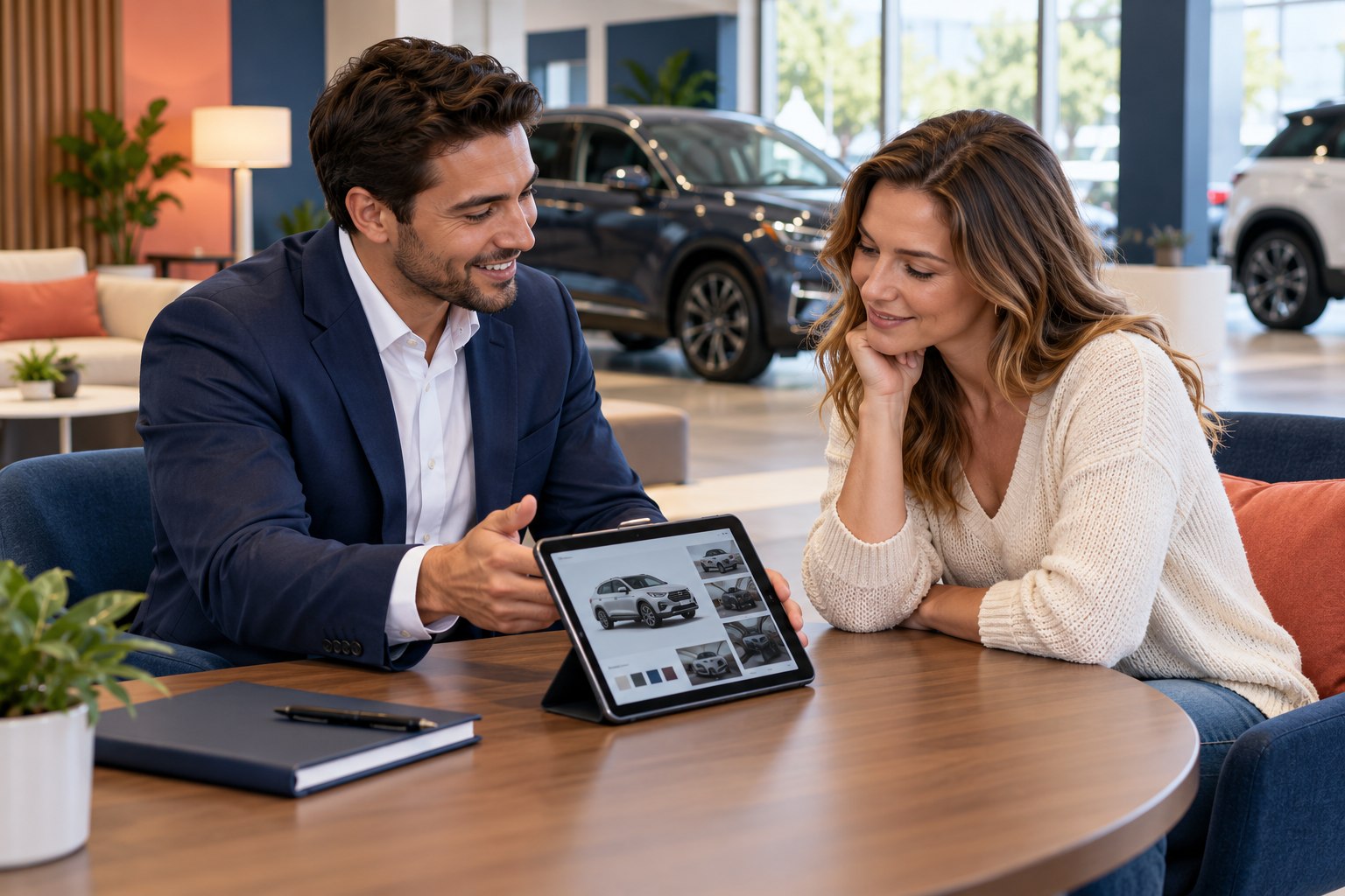 Illustrative salesperson helping a customer compare vehicle options on a tablet