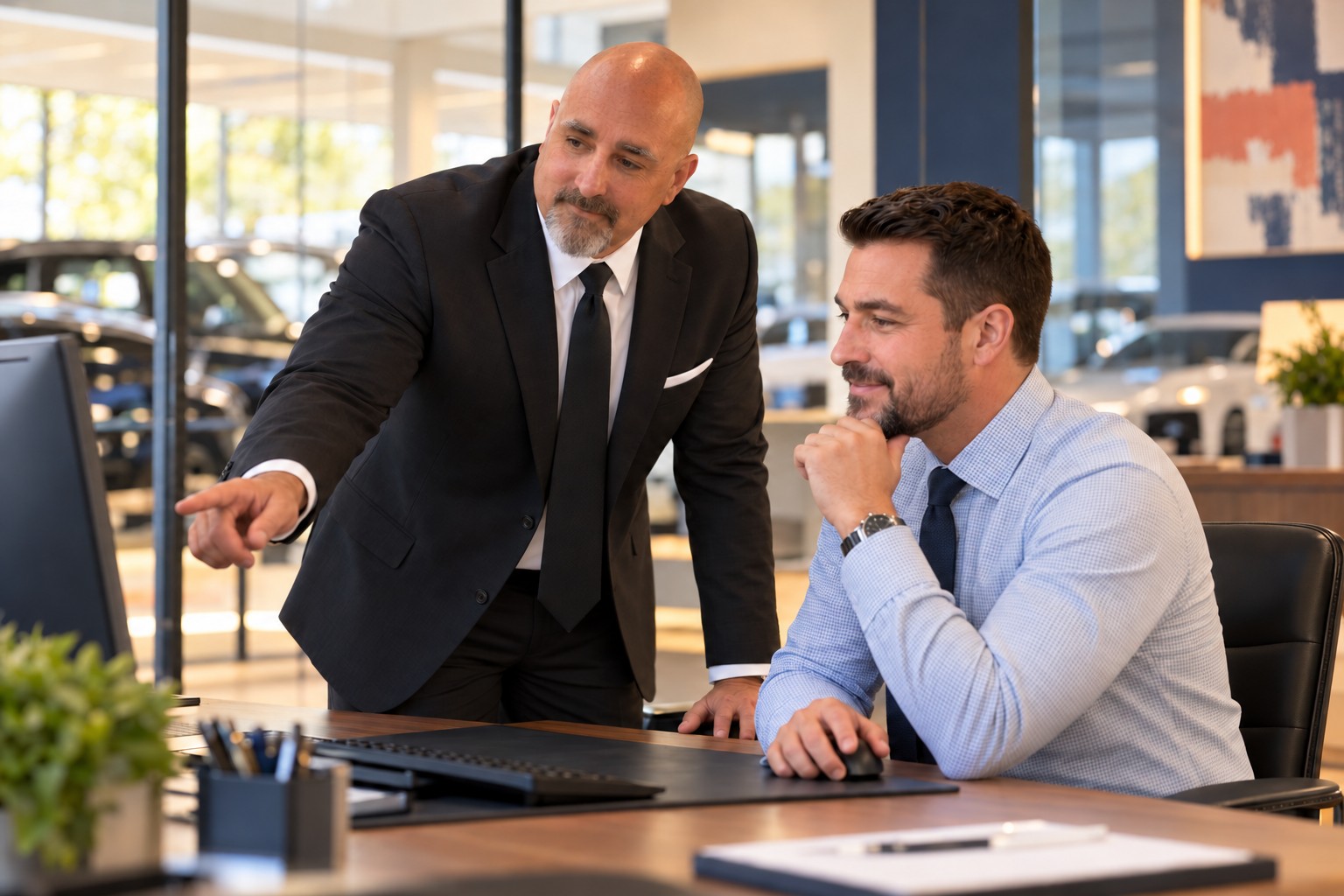 Illustration of Joe working one on one with a dealership finance manager at a computer