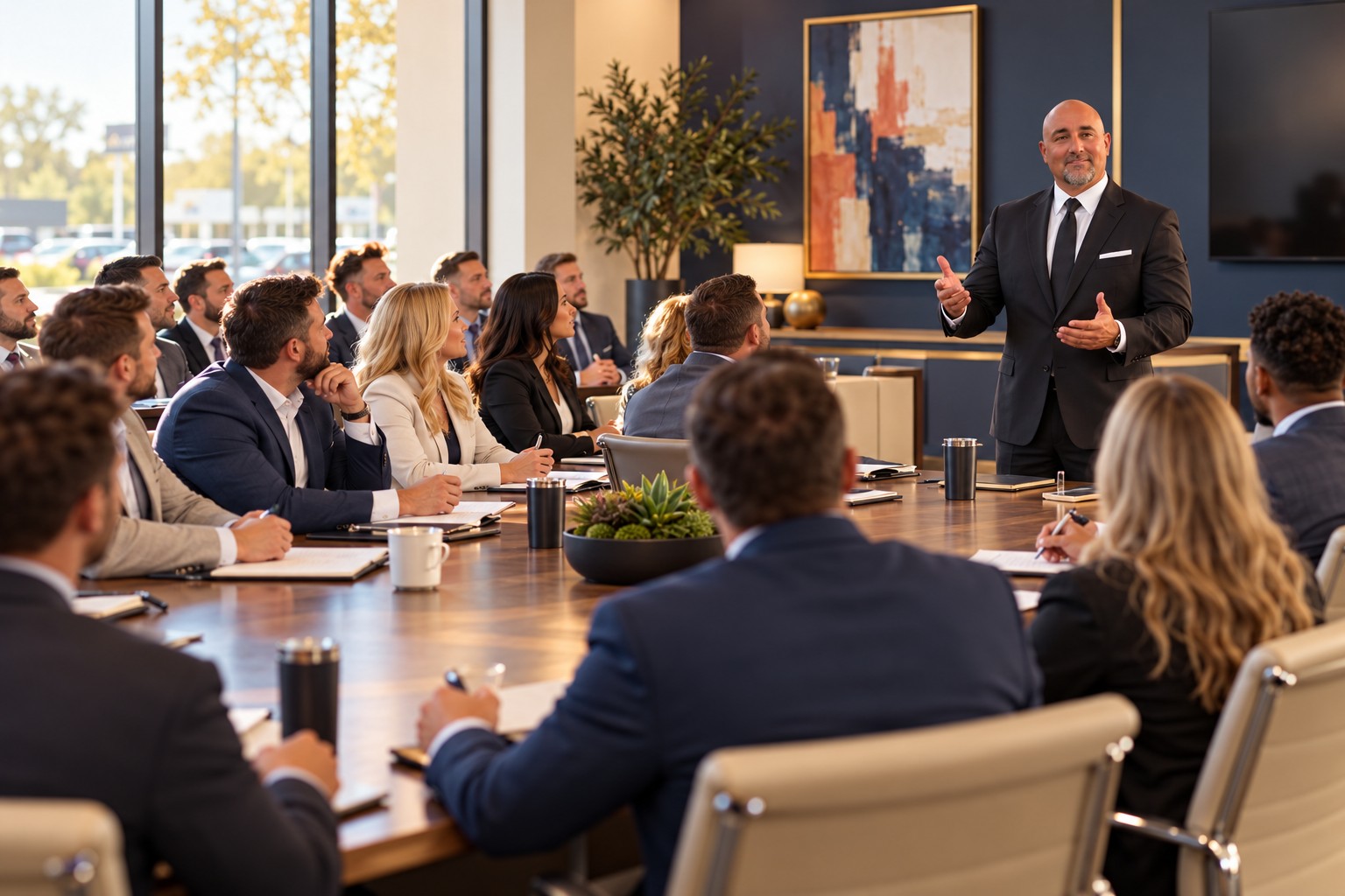 Illustration of Joe leading a boardroom sales training workshop