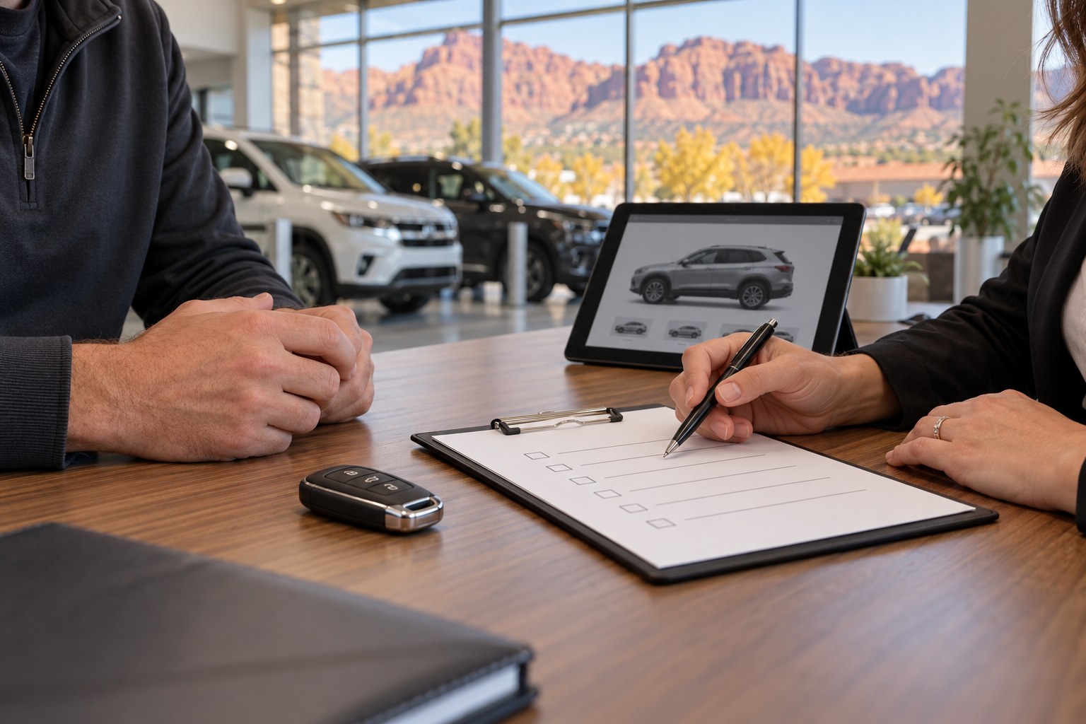 Illustrative dealership consultation with a vehicle key and checklist in autumn light