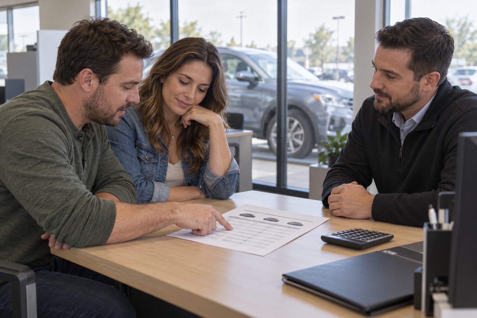 Illustrative dealership customers and a sales professional reviewing a written vehicle comparison