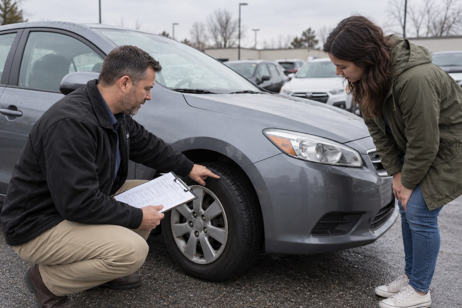 Illustrative appraiser and customer reviewing an inspection checklist beside a used vehicle