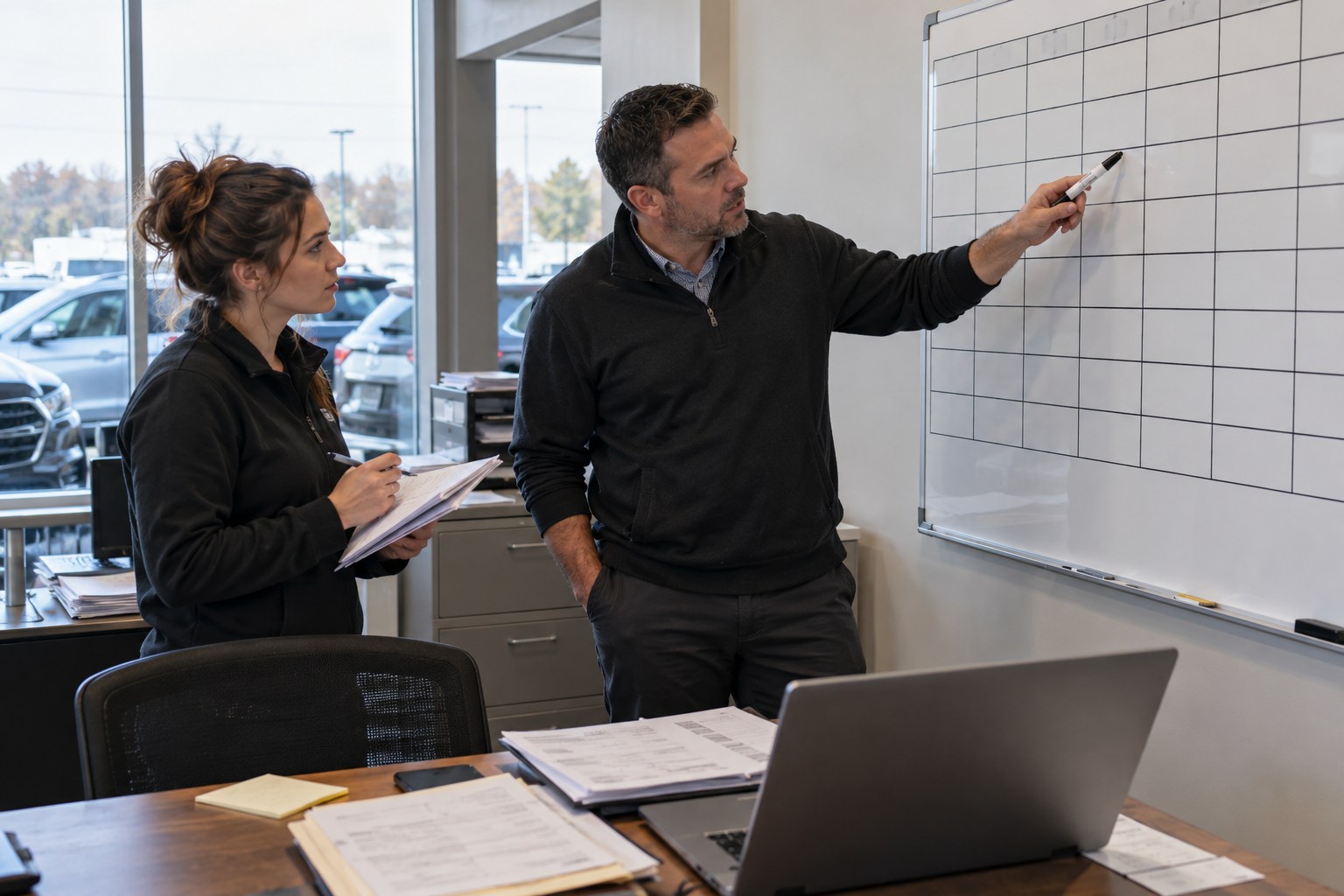 Illustrative dealership colleagues preparing a daily appointment plan