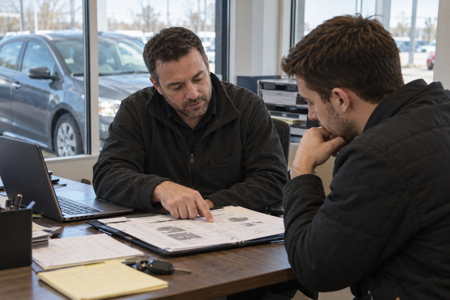 Illustrative dealership colleagues reviewing a vehicle inspection folder and source records