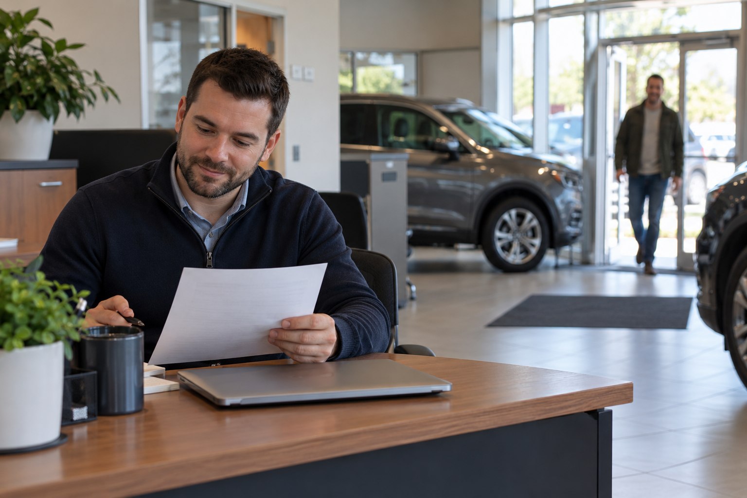 Illustrative dealership salesperson reviewing an appointment note before greeting a customer