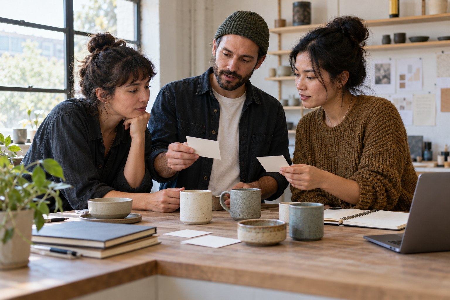 Illustrative startup colleagues reviewing customer decision notes at a modest product counter