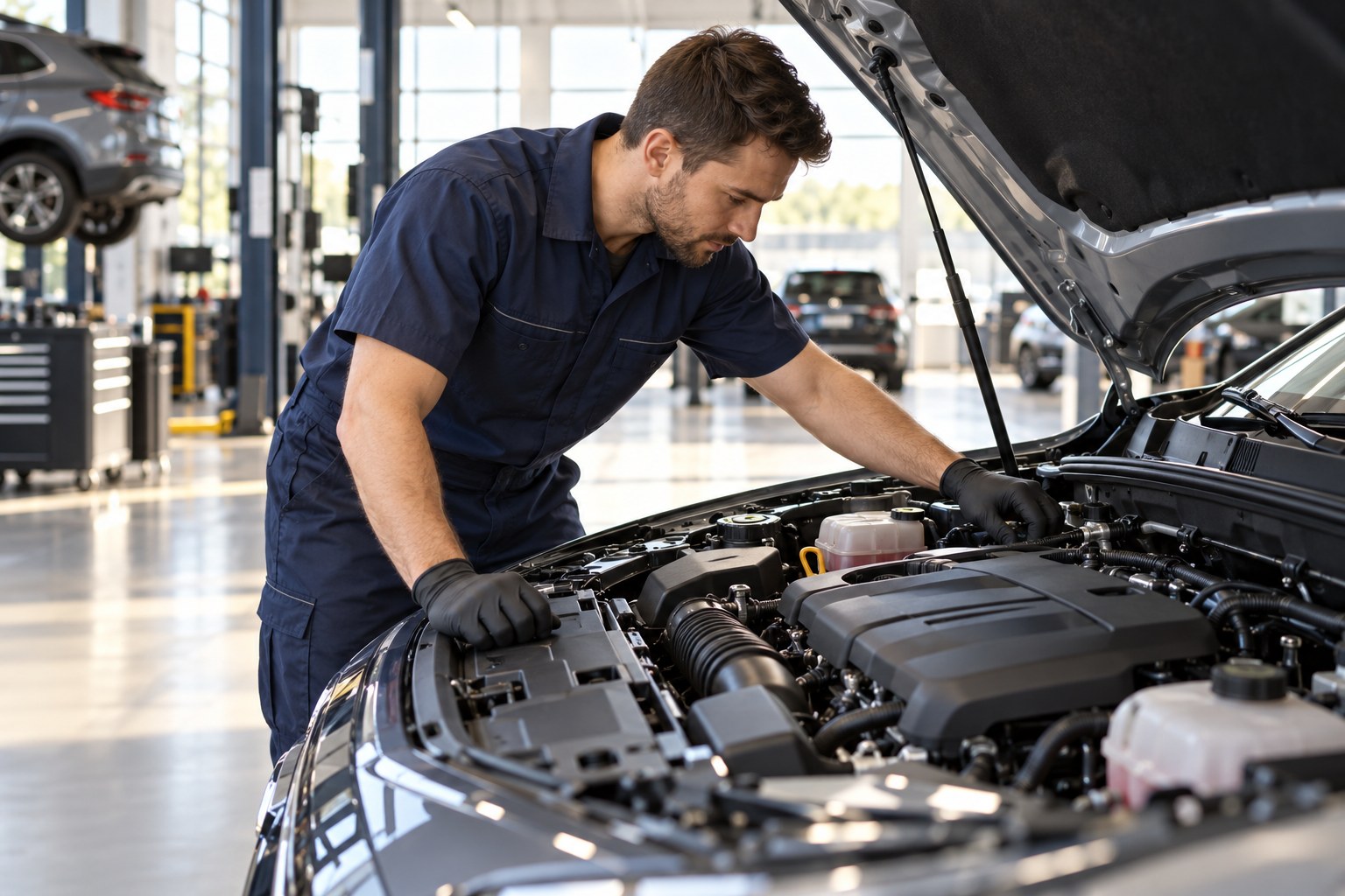 Illustrative technician inspecting a vehicle powertrain