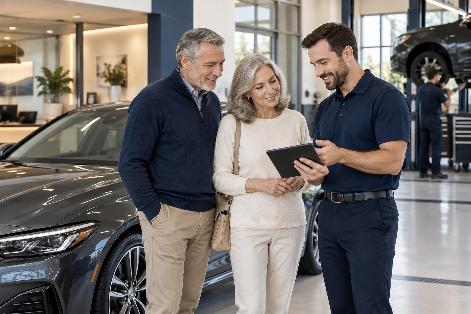 Illustrative service advisor explaining maintenance to vehicle owners