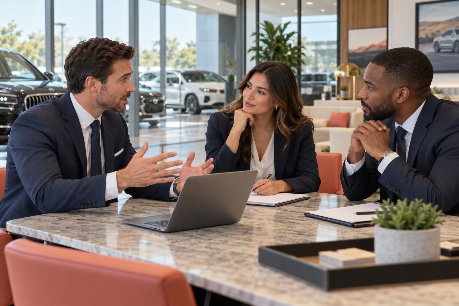 Illustrative dealership team practicing a collaborative sales conversation
